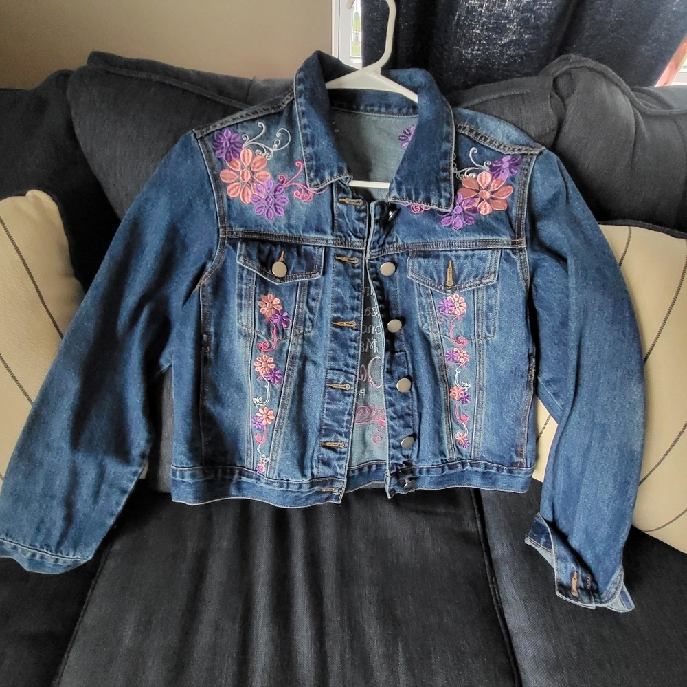 Embroidered Blue Denim Jean Jacket with Pink & Purple Flowers